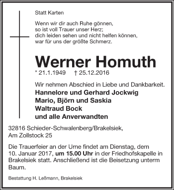 Anzeige  Werner Homuth  Lippische Landes-Zeitung