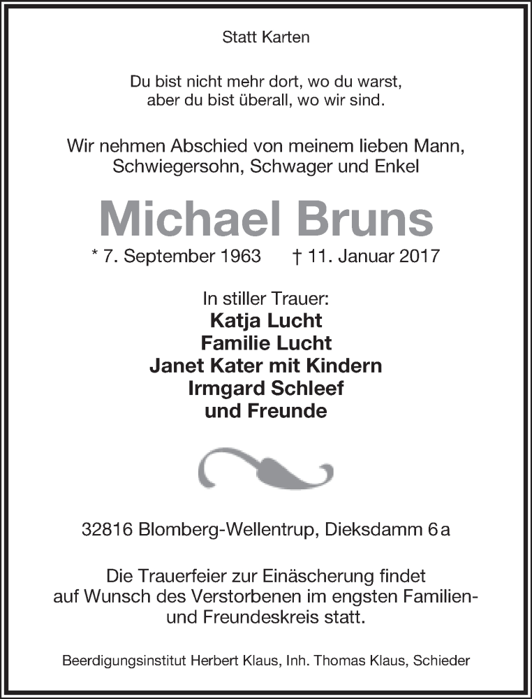  Traueranzeige für Michael Bruns vom 14.01.2017 aus Lippische Landes-Zeitung