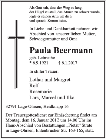Anzeige  Paula Beermann  Lippische Landes-Zeitung