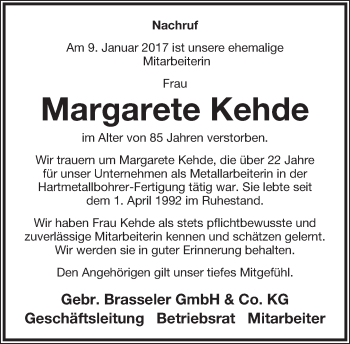 Anzeige  Margarete Kehde  Lippische Landes-Zeitung