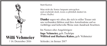 Anzeige  Willi Vehmeier  Lippische Landes-Zeitung