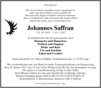 Anzeige  Johannes Saffran  Lippische Landes-Zeitung