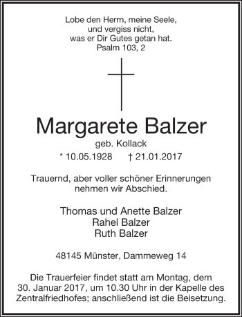 Anzeige  Margarete Balzer  Lippische Landes-Zeitung