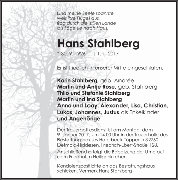 Anzeige  Hans Stahlberg  Lippische Landes-Zeitung