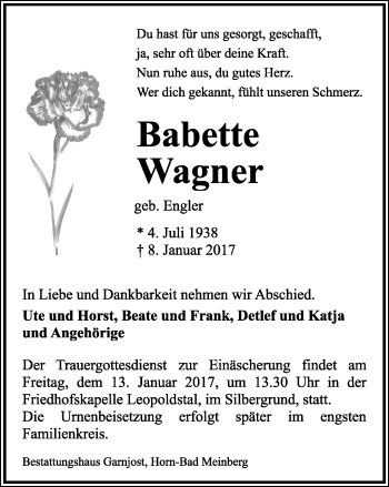 Anzeige  Babette Wagner  Lippische Landes-Zeitung