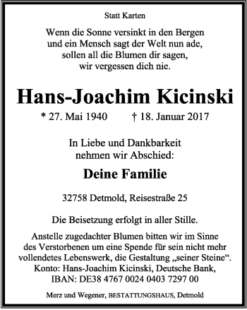 Anzeige  Hans-Joachim Kicinski  Lippische Landes-Zeitung
