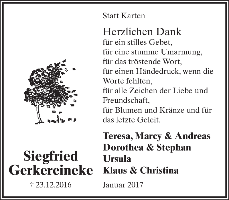  Traueranzeige für Siegfried Gerkereineke vom 21.01.2017 aus Lippische Landes-Zeitung