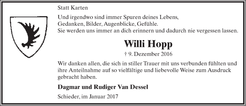  Traueranzeige für Willi Hopp vom 14.01.2017 aus Lippische Landes-Zeitung