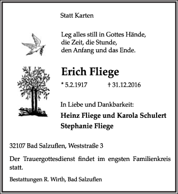 Anzeige  Erich Fliege  Lippische Landes-Zeitung