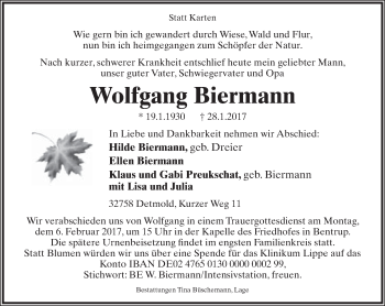 Anzeige  Wolfgang Biermann  Lippische Landes-Zeitung