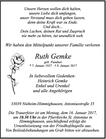Anzeige  Ruth Gemke  Lippische Landes-Zeitung