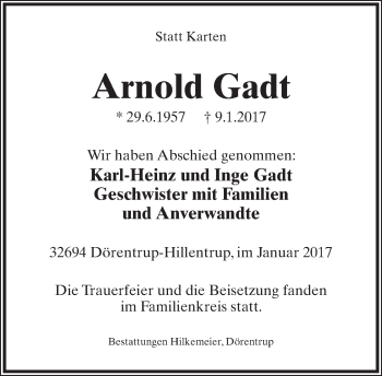 Anzeige  Arnold Gadt  Lippische Landes-Zeitung