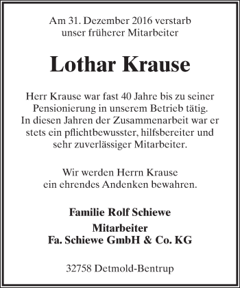 Anzeige  Lothar Krause  Lippische Landes-Zeitung