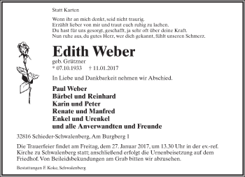 Anzeige  Edith Weber  Lippische Landes-Zeitung