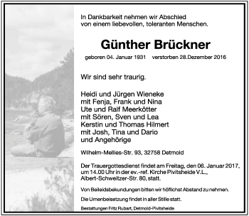 Anzeige  Günther Brückner  Lippische Landes-Zeitung