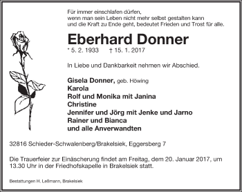 Anzeige  Eberhard Donner  Lippische Landes-Zeitung