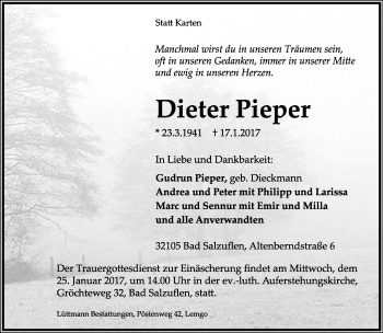 Anzeige  Dieter Pieper  Lippische Landes-Zeitung