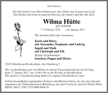 Anzeige  Wilma Hütte  Lippische Landes-Zeitung