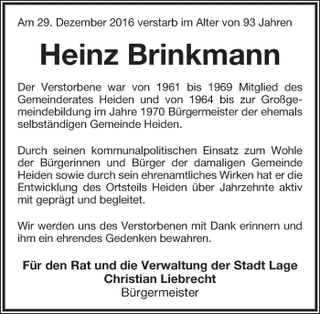 Anzeige  Heinz Brinkmann  Lippische Landes-Zeitung