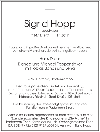 Anzeige  Sigrid Hopp  Lippische Landes-Zeitung