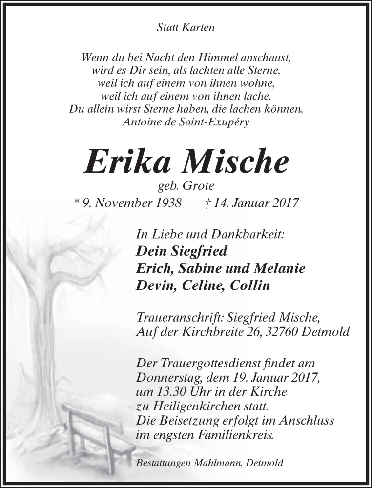  Traueranzeige für Erika Mische vom 17.01.2017 aus Lippische Landes-Zeitung
