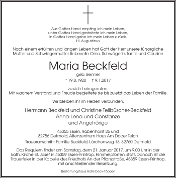 Anzeige  Maria Beckfeld  Lippische Landes-Zeitung