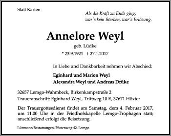 Anzeige  Annelore Weyl  Lippische Landes-Zeitung
