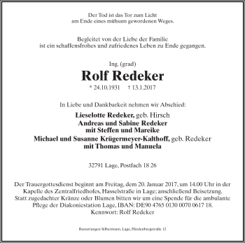 Anzeige  Rolf Redeker  Lippische Landes-Zeitung