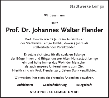 Anzeige  Johannes Walter Flender  Lippische Landes-Zeitung