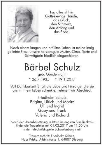 Anzeige  Bärbel Schulz  Lippische Landes-Zeitung