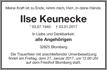 Anzeige  Ilse Keunecke  Lippische Landes-Zeitung