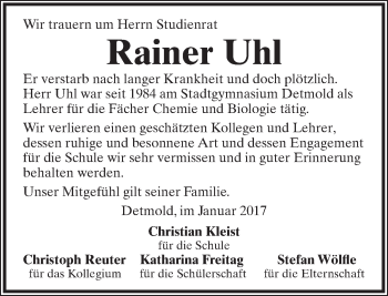 Anzeige  Rainer Uhl  Lippische Landes-Zeitung