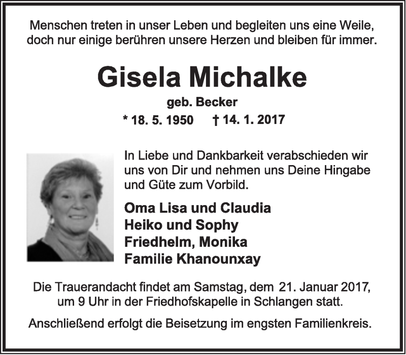  Traueranzeige für Gisela Michalke vom 19.01.2017 aus Lippische Landes-Zeitung