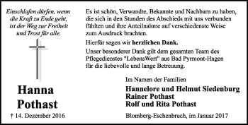 Anzeige  Hanna Pothast  Lippische Landes-Zeitung