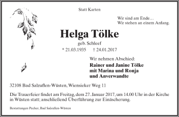 Anzeige  Helga Tölke  Lippische Landes-Zeitung