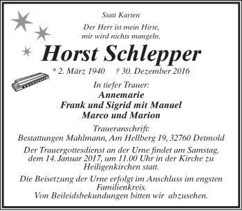 Anzeige  Horst Schlepper  Lippische Landes-Zeitung