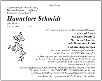 Anzeige  Hannelore Schmidt  Lippische Landes-Zeitung