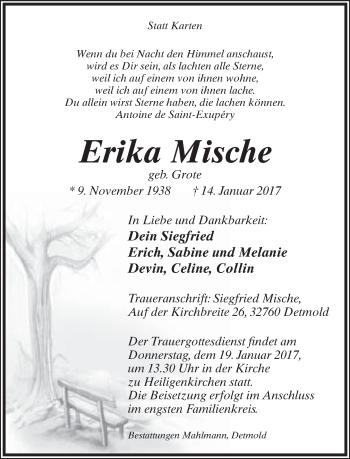 Anzeige  Erika Mische  Lippische Landes-Zeitung