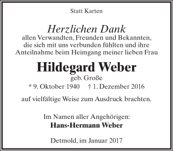 Anzeige  Hildegard Weber  Lippische Landes-Zeitung