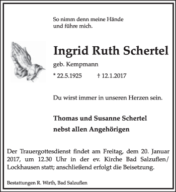 Anzeige  Ingrid Ruth Schertel  Lippische Landes-Zeitung