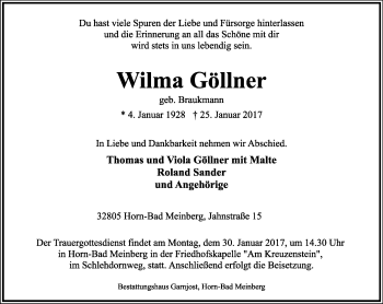 Anzeige  Wilma Göllner  Lippische Landes-Zeitung