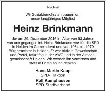 Anzeige  Heinz Brinkmann  Lippische Landes-Zeitung