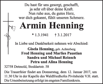 Anzeige  Armin Henning  Lippische Landes-Zeitung