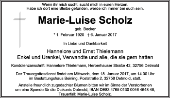 Anzeige  Marie-Luise Scholz  Lippische Landes-Zeitung