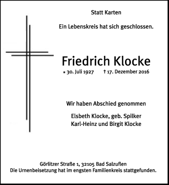 Anzeige  Friedrich Klocke  Lippische Landes-Zeitung
