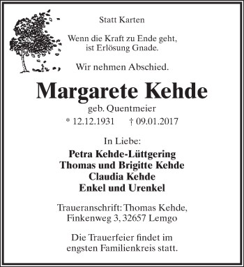 Anzeige  Margarete Kehde  Lippische Landes-Zeitung