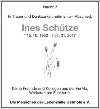 Anzeige  Ines Schütze  Lippische Landes-Zeitung
