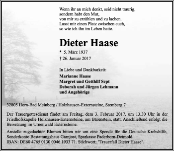Anzeige  Dieter Haase  Lippische Landes-Zeitung