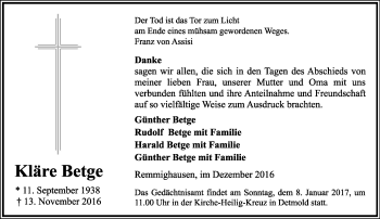 Anzeige  Kläre Betge  Lippische Landes-Zeitung