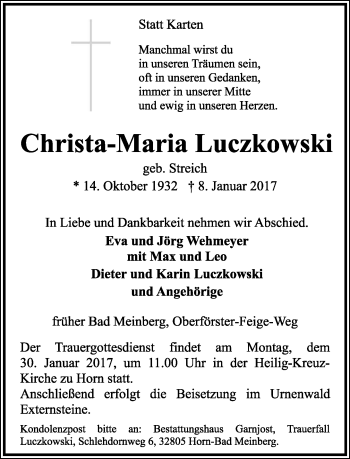 Anzeige  Christa-Maria Luczkowski  Lippische Landes-Zeitung